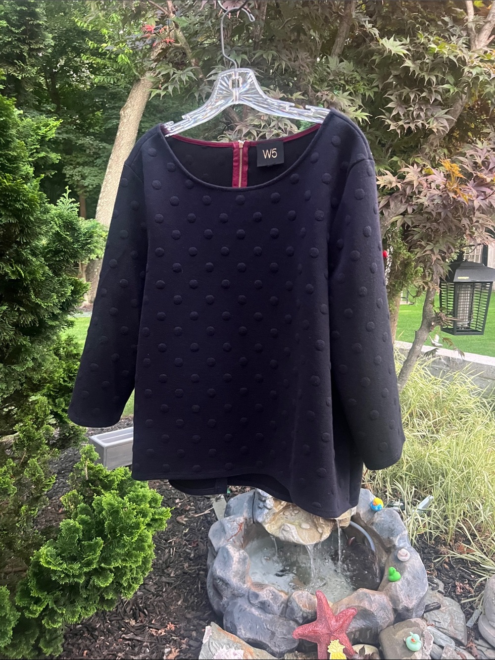 W5 Black Dot-Texture Long Sleeve Top with Burgundy Trim